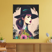ビッカラフルグハット付き抽象芸術アートフローラガール キャンバスプリント (インサイチュ (リビング))