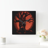 ビックデッドツリー白熱［赤熱］光を放つハロウィーンカボチャ スクエア壁時計 (ホーム)