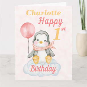 ビックペンギン幸せ1th誕生日ピンクカード カード