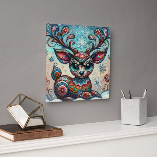 ビッグお洒落アイズクリスマストナカイフォークアート スクエア壁時計 (オフィス)