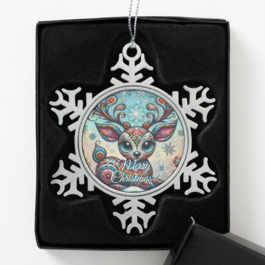 ビッグお洒落アイズクリスマストナカイフォークアート スノーフレークピューターオーナメント (ボックス)