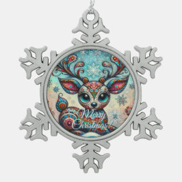 ビッグお洒落アイズクリスマストナカイフォークアート スノーフレークピューターオーナメント