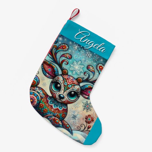 ビッグお洒落アイズクリスマストナカイフォークアート スモールクリスマスストッキング (正面 (吊り時))