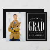 ビッグはっきりしたグラード |ホワイト文字写真卒業パーティー 招待状 (正面/裏面)