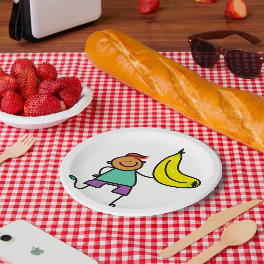 ビッグよくはしゃぐイエローバナナを持つ子供 ペーパープレート