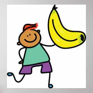 ビッグよくはしゃぐイエローバナナを持つ子供 ポスター