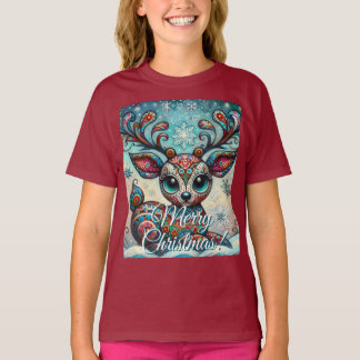 ビッグアイのクリスマストナカイ フォークアート オリジナル Tシャツ