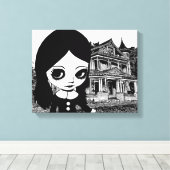 ビッグアイゴシックガールハウス幽霊のよく出るオリジナルアート キャンバスプリント (インサイチュ (ウッドフロア))