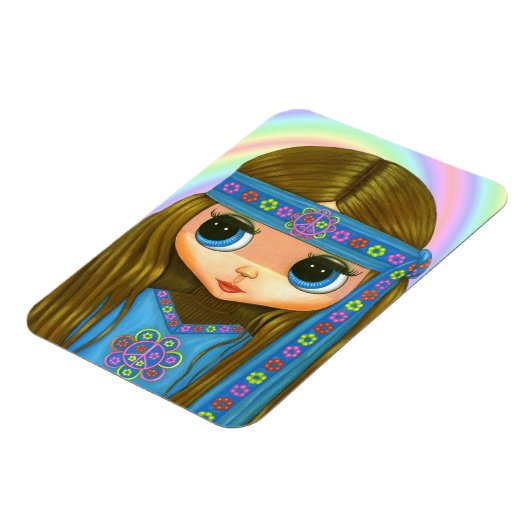 ビッグアイヒッピー女の子の平和サインフラワーパワー'60s マグネット (左側)