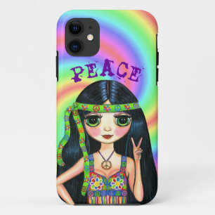ビッグアイヒッピーChick Peace Sign Cute 1960s 1970s iPhone 11 ケース