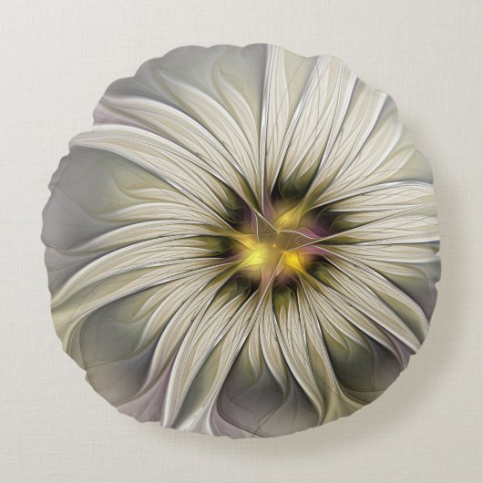 ビッグアイボリーフラワー、抽象芸術モダンフラクタルアート ラウンドクッション (正面)