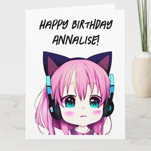 ビッグアニメガール猫の耳誕生日 カード (正面)