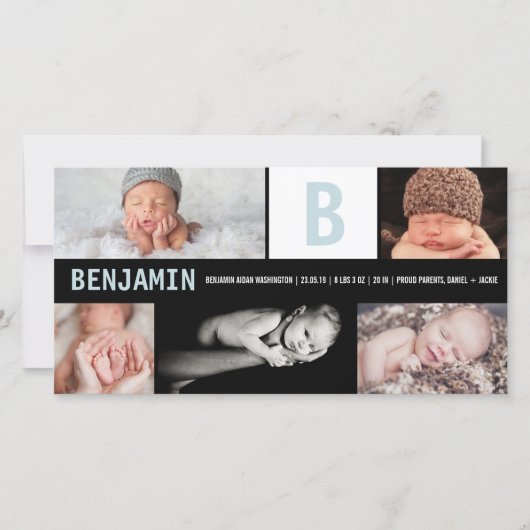 ビッグイニシャルブルー男の赤ちゃんモノグラム5フォト誕生 案内状 (正面)