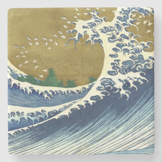 ビッグウェーブ(北斎の青日本のと金ゴールド美術) ストーンコースター (正面)