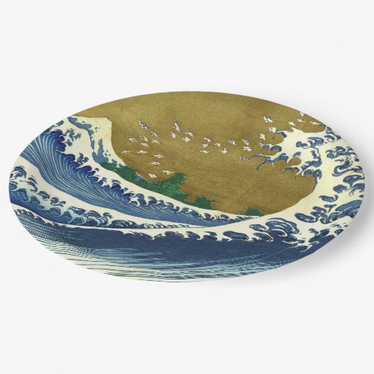 ビッグウェーブ(北斎の青日本のと金ゴールド美術) ペーパープレート (アングル)