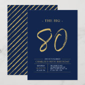 ビッグエイティ | ゴールド＆ネイビーブルー 80歳の誕生日パーティー 招待状 (正面/裏面)