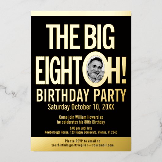 ビッグエイト0h!80番目の誕生日の写真 箔招待状 (正面)