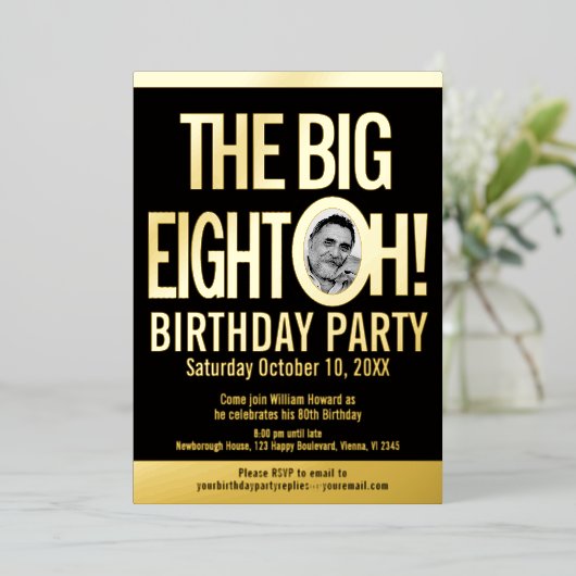 ビッグエイト0h!80番目の誕生日の写真 箔招待状 (立ち正面)