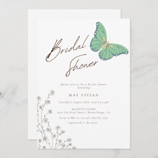 ビッグエレガントバタフライ&ワイルドフラワーブライダルシャワー 招待状 (正面/裏面)
