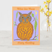 ビッグオレンジフクロウの誕生日カード名を前に追加 カード (黄色い花)