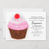 ビッグカップケーキ&さくらんぼウォーターカラーパーティの招待状 招待状 (正面)