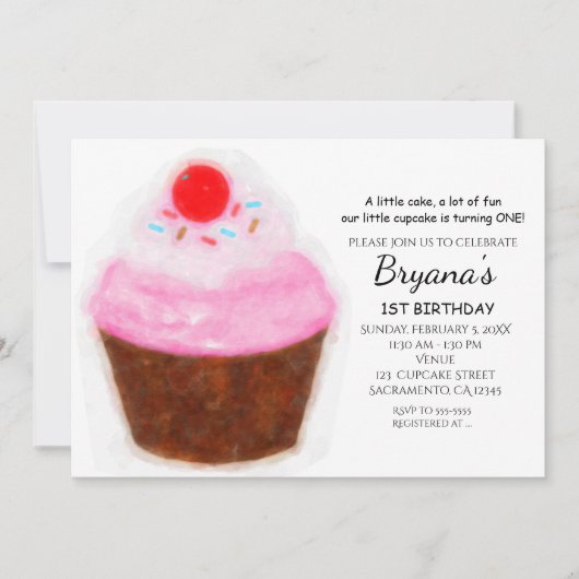 ビッグカップケーキ&さくらんぼウォーターカラーパーティの招待状 招待状 (正面)