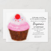 ビッグカップケーキ&さくらんぼウォーターカラーパーティの招待状 招待状 (正面/裏面)