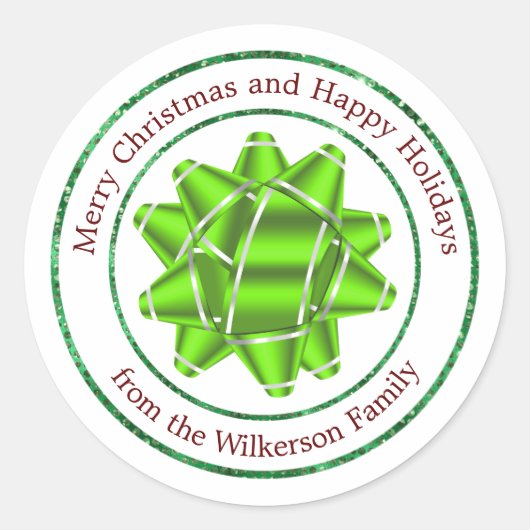 ビッグギフトボウアンドグリーングリッター ラウンドシール (正面)