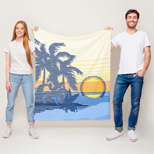 ビッグサンセットストライプハワイアンサーファーズブルー フリースブランケット (インサイチュ)