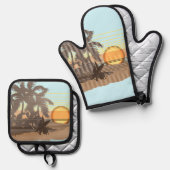 ビッグサンセットハワイアンストライプサーファーズアクア&ブラウン 鍋つかみ&鍋敷きセット (正面/裏面)