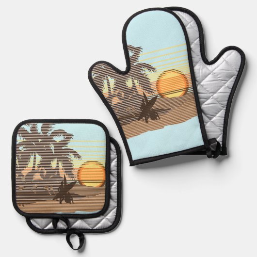 ビッグサンセットハワイアンストライプサーファーズアクア&ブラウン 鍋つかみ&鍋敷きセット (正面/裏面)