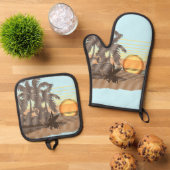 ビッグサンセットハワイアンストライプサーファーズアクア&ブラウン 鍋つかみ&鍋敷きセット (トップダウン)