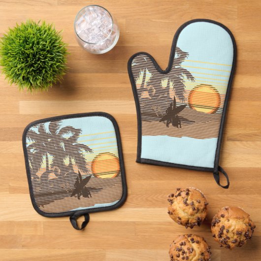 ビッグサンセットハワイアンストライプサーファーズアクア&ブラウン 鍋つかみ&鍋敷きセット (トップダウン)