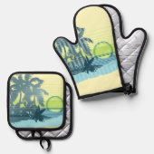 ビッグサンセットハワイアンストライプサーファーズイエロー&ティール(緑がかった色) 鍋つかみ&鍋敷きセット (正面/裏面)