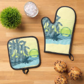 ビッグサンセットハワイアンストライプサーファーズイエロー&ティール(緑がかった色) 鍋つかみ&鍋敷きセット (トップダウン)