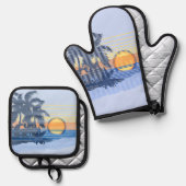 ビッグサンセットハワイアンストライプサーファーズブルー&オレンジ 鍋つかみ&鍋敷きセット (正面/裏面)