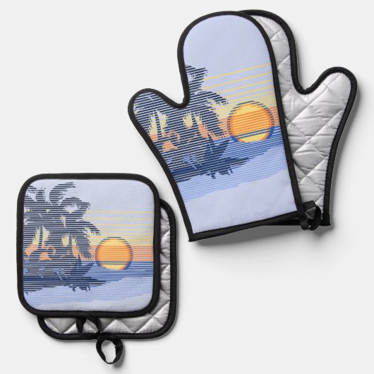 ビッグサンセットハワイアンストライプサーファーズブルー&オレンジ 鍋つかみ&鍋敷きセット (正面/裏面)
