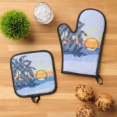 ビッグサンセットハワイアンストライプサーファーズブルー&オレンジ 鍋つかみ&鍋敷きセット (トップダウン)