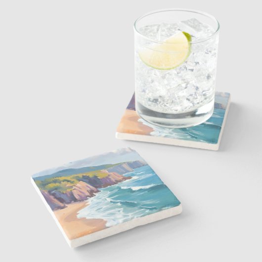 ビッグサー、カリフォルニアの水彩画の海の絵画 ストーンコースター (横)