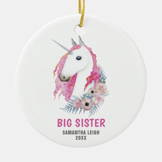 ビッグシスターパーソナライズされた名水色ユニコーン セラミックオーナメント (正面)
