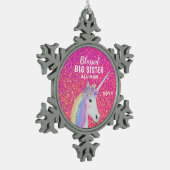 ビッグシスターユニコーンピンクグリッターキパーソナライズされたッズ スノーフレークピューターオーナメント (左)