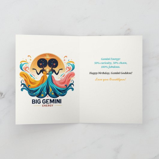 ビッグジェミニエナジーアフロ女神〔占星術の〕十二宮図誕生日 カード (内部)