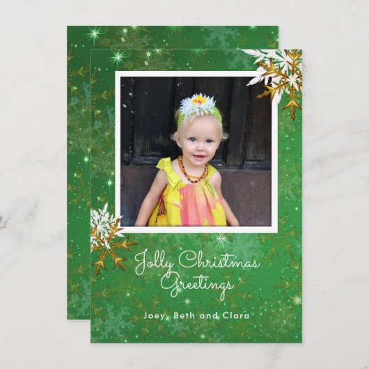 ビッグスノーフレークスグリーンフォトフラットクリスマスカード シーズンカード (正面/裏面)