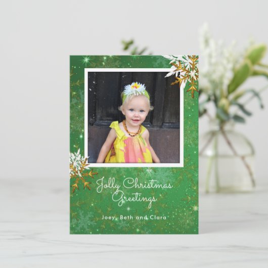 ビッグスノーフレークスグリーンフォトフラットクリスマスカード シーズンカード (スタンド正面)