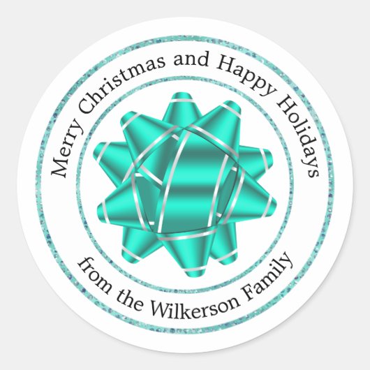 ビッグティール(緑がかった色)ギフトボウグリッタークラシックラウンドステッカー ラウンドシール (正面)