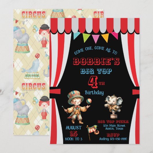 ビッグトップサーカスの誕生日招待状 招待状 (正面/裏面)