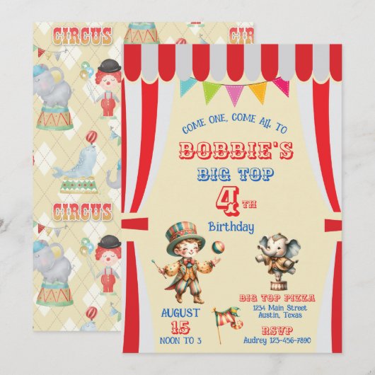 ビッグトップサーカスの誕生日招待状 招待状 (正面/裏面)