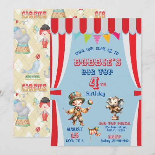 ビッグトップサーカスの誕生日招待状 招待状 (正面/裏面)