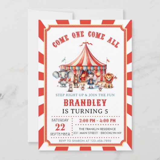 ビッグトップサーカスアニマルズカーニバル誕生日 招待状 (正面)