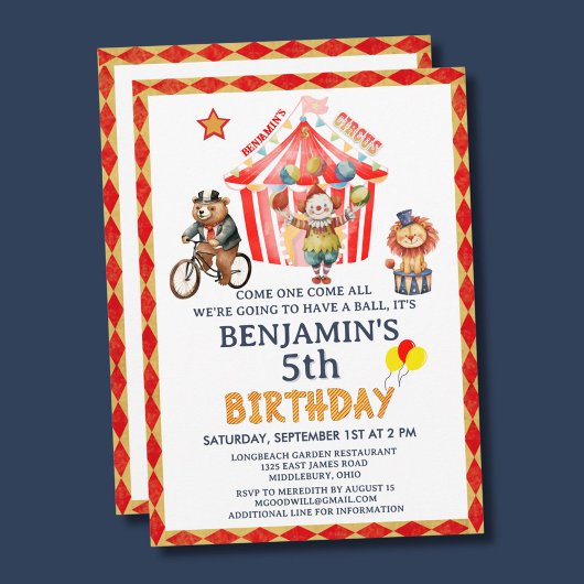 ビッグトップサーカスカーニバルボーイフィフス誕生日 招待状